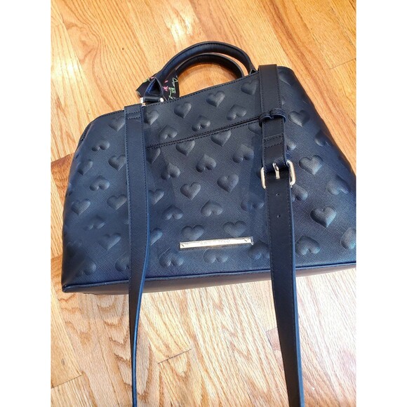 Betsey Johnson Embossed Heart Satchel Purse Bag Black - Picture 8 of 11